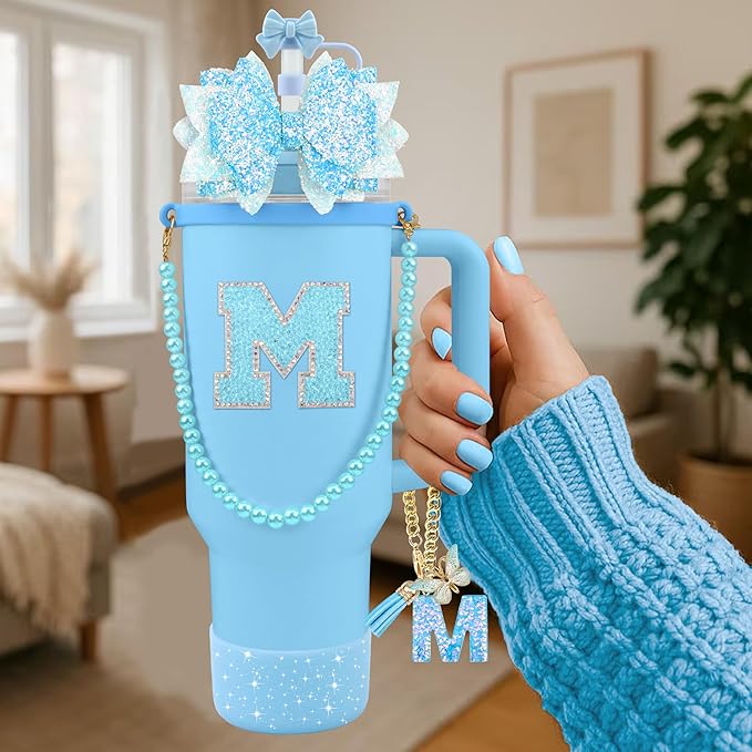 9PCS Blue for Stanley Cup Accessories Set Bling Initials Bow Charms for Stanley Decorations 30/40 Oz Tumbler Accessories Including Bow Straw Topper, Handle Strap, Spill Stopper（Letter M）