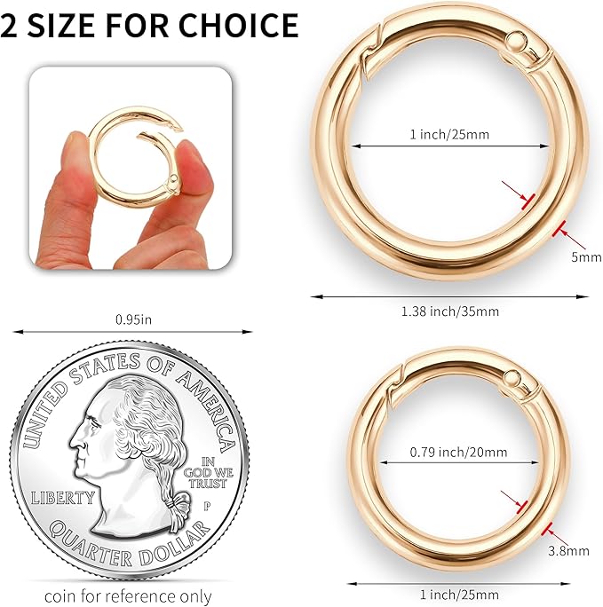 Gkeygo Key Ring Clip, 4/5 Inch Keychain Rings, 8 Pack Round Carabiner Clip for Keys, Buckle, Bags, Purses - Key Chain Hooks Replacement Keychains Lanyard DIY Crafts, Light Gold