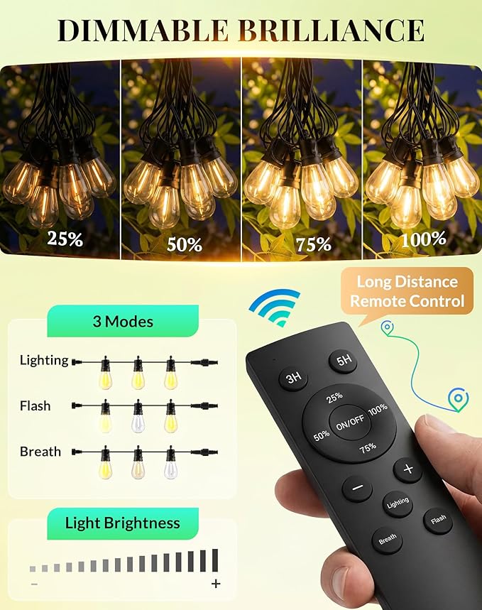 Outdoor String Lights LED Patio-Light - 100Ft Outside Waterproof Dimmable Porch Lights with Remote Shatterproof S14 Bulbs Outside Hanging Light Connectable Lighting for Gazebo Backyard Bistro Pergola