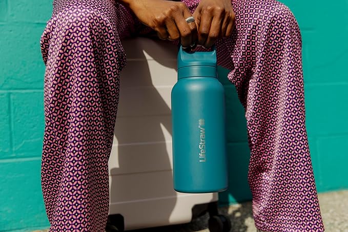 LifeStraw Go Series – Insulated Stainless Steel Water Filter Bottle for Travel and Everyday Use, Removes Bacteria, Parasites and Microplastics, Improves Taste, 1L Thistle Purple