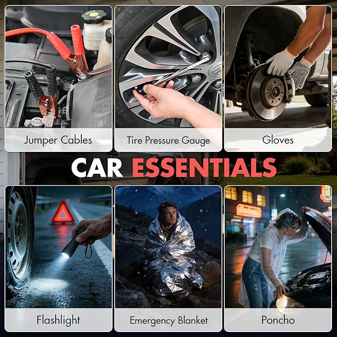 Car Emergency Safety Kit Bag with Jumper Cables, Tire Pressure Gauge, Auto Vehicle Safety Road Side Assistance Kits Essentials,for Women, Men, Teen (Black)