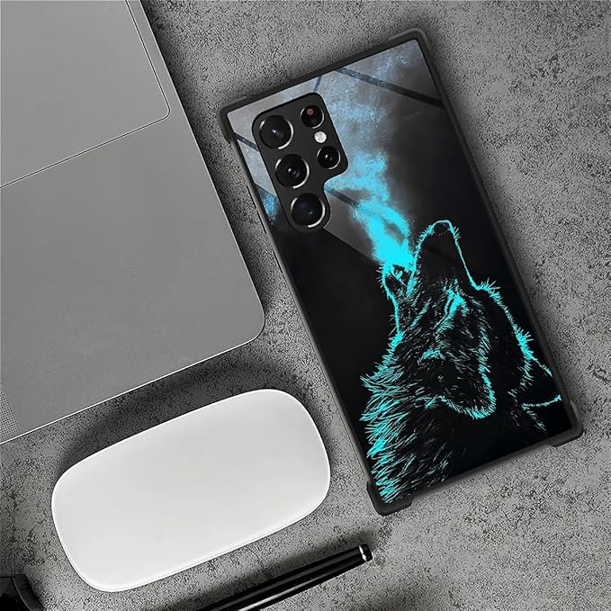 for Samsung Galaxy S22 Ultra Case, Blue Breathing Wolf Pattern Graphic Design Girl Boy Soft Silicone Hard Acrylic Shock Protection for Samsung Galaxy S22 Ultra