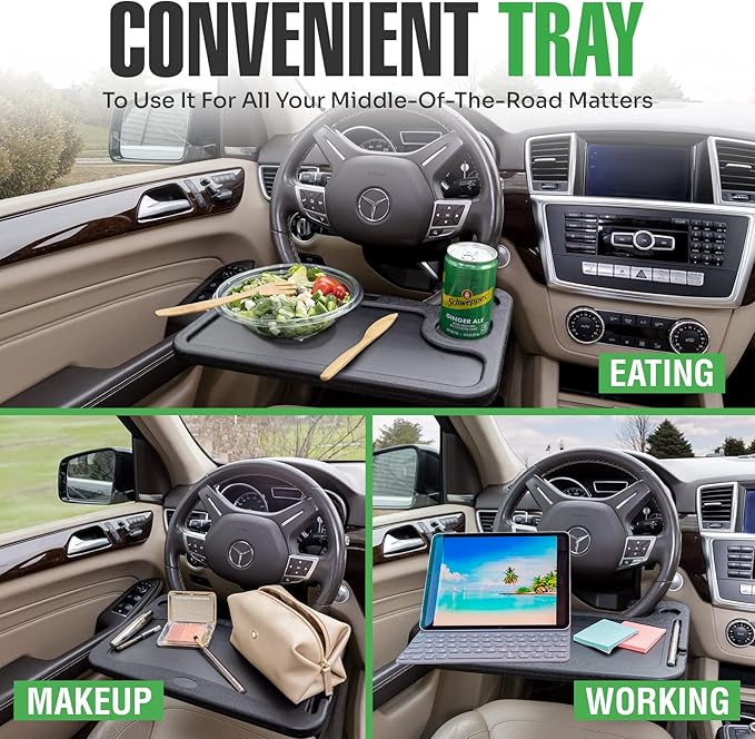 lebogner Steering Wheel Tray, Car Tray for Eating, Hook On Steering Wheel Desk for Food, Laptop and Car Accessories, Car Road Trip Must Haves Gadgets Car Table (Grey)