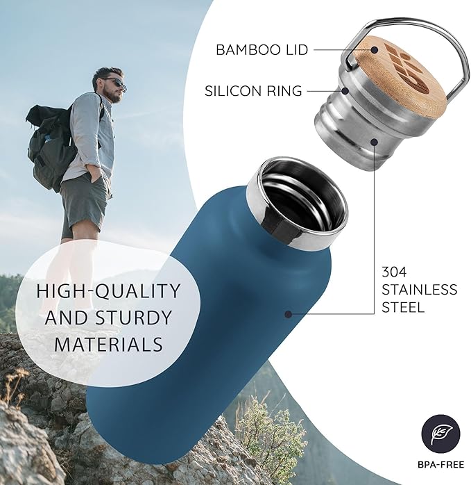 Bambaw 12 oz Insulated Water Bottle, Small Stainless Steel Water Bottle for Hot & Cold Drinks, Great for Travel, Wide Mouth for Easy Cleaning, Fits in Cup Holder (Aegean Blue)