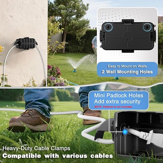 FLEMOON [2 Pack] IP55 Outdoor Electrical Box Waterproof with Detachable Awning Covers, 8.3 x 4.1 x 3.7 inch Weatherproof Extension Cord Cover, Easy Installation for Outdoor Plug, String Lights, Black