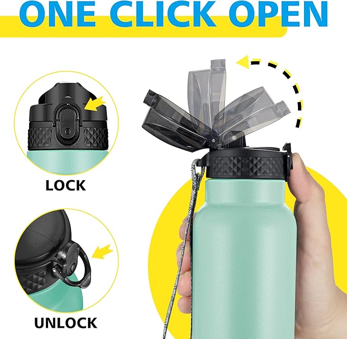 Han's Bottle Sports Water Bottle - 24 Oz, Straw Lid, Leak Proof, Vacuum Insulated Stainless Steel, Double Walled, Thermo Mug,Bubble Gum