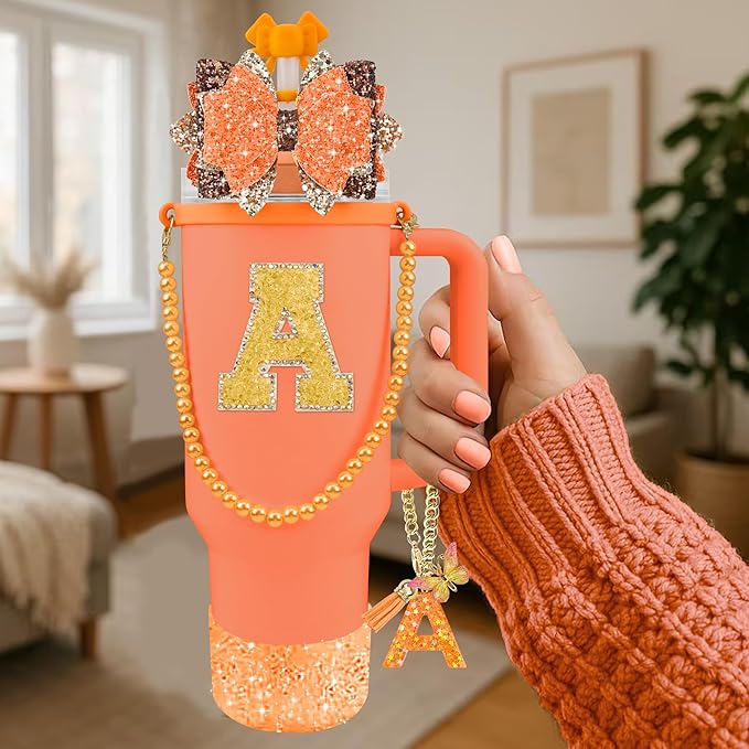 9PCS Orange for Stanley Cup Accessories Set Bling Initials Bow Charms for Stanley Decorations 30/40 Oz Tumbler Accessories Including Bow Straw Topper, Handle Strap, Spill Stopper（Letter A）