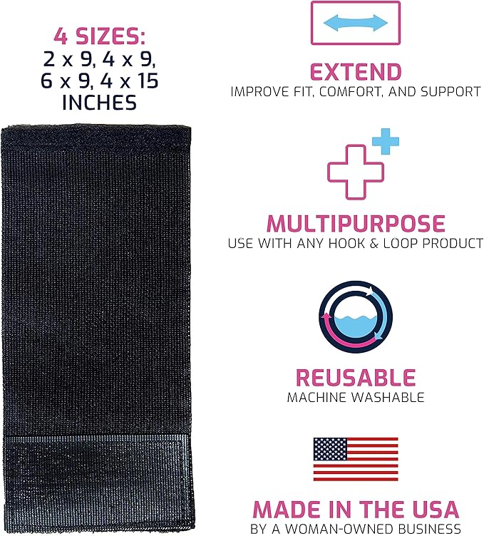 Extender Strap - Multipurpose Elastic Hook and Loop Extension for Ice Packs, Ice Belts, Back/Knee/Ankle Braces, Vests, Wraps, and Belts - Made in USA (4 x 9 Inches)