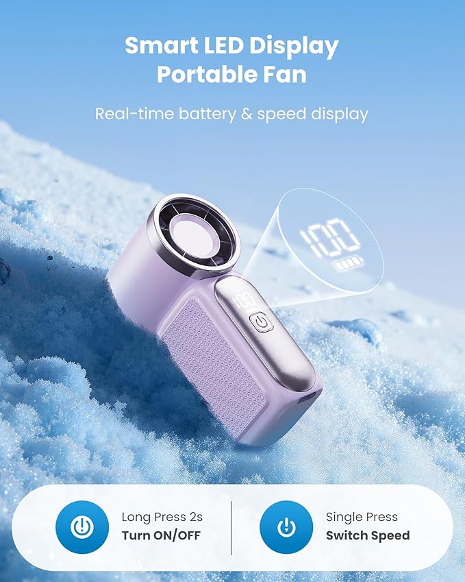 Gaiatop Portable Handheld Mini Fan, 6 Speeds 16900 RPM High Velocity Personal Fan with LED Display, USB Rechargeable, Mini Fan with Lanyard for Makeup, Travel, Outdoor, for Women Girl Gift, Purple