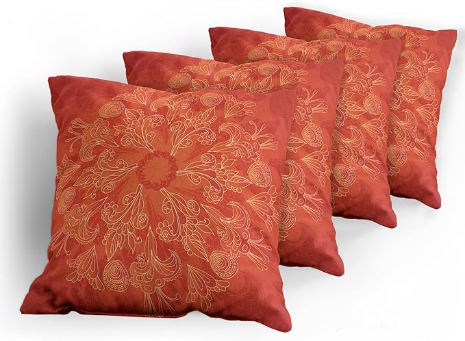 Ambesonne Red Mandala Throw Pillow Cushion Case Pack of 4, Vibrant Colored Doodle Style Nature Romantic Abstract Bouquet Art, Modern Accent Double-Sided Digital Printing, 24", Scarlet Orange
