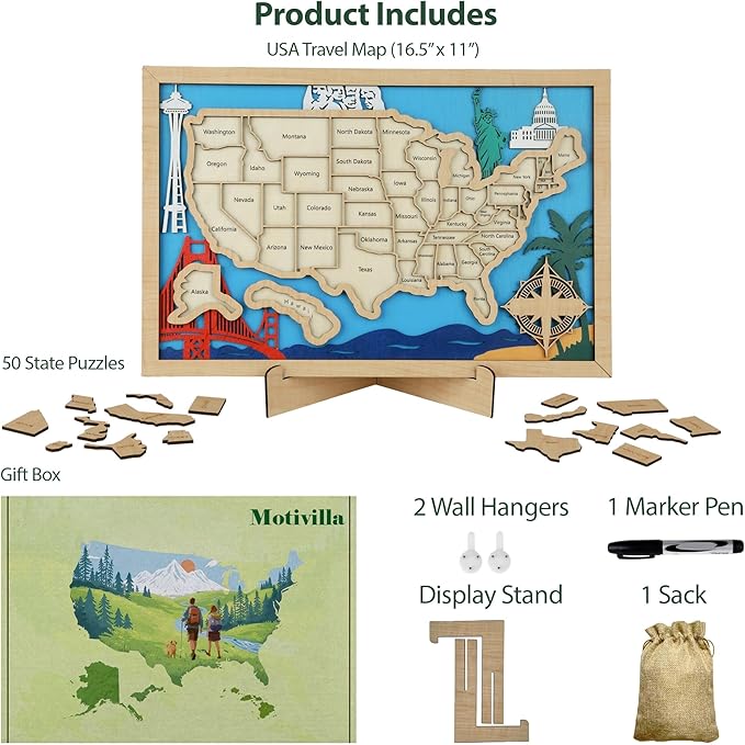 Wooden USA Landmark Travel Map, 16.5 x 11, 3-Layer Wood State Map Tracker Puzzle with Gift Box - Personalized Wall Art & RV Decor with Table Stand, Marker Pen & Adhesive Backing (Landmark, 16.5 x 11")