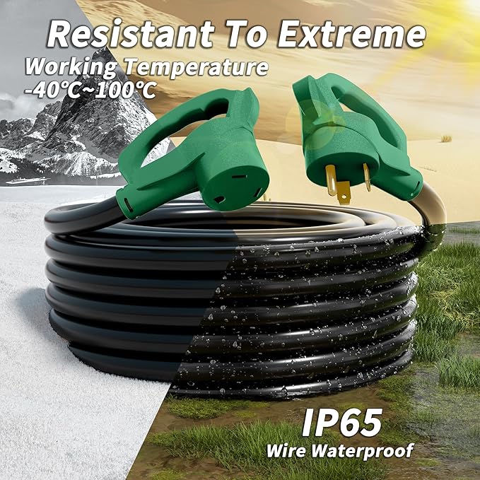 PlugSaf 25 FT 30 Amp RV Extension Cord Outdoor, Flexible Heavy Duty 10/3 Gauge STW RV Power Cord Waterproof with Cable Organizer, NEMA TT-30P to TT-30R, Black-Green, ETL Listed