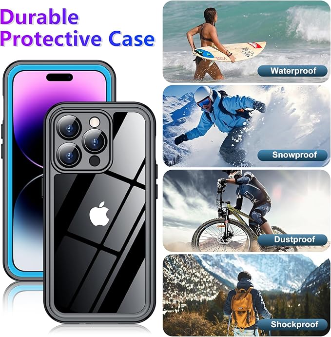 Temdan Compatible with iPhone 14 Pro Max Case Waterproof, Built-in Screen & Camera Protector IP68 Underwater Full Body 14FT Military Dropproof Shockproof Phone Case 6.7"-Blue/Clear