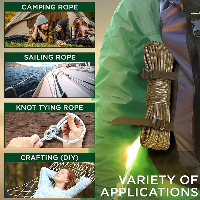 TECEUM Rope – 90 Feet x 1/4 Inch (7mm) – Coyote Brown – Strong All-Purpose Utility Rope – Camping, Crafting, Flag Pole, Indoor & Outdoor – Polypropylene Nylon Poly Lightweight Diamond Braided Cord