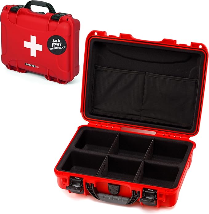 NANUK 910 Waterproof First Aid Box Empty with Lid Organizer & Dividers – Durable Medical First Aid Organizer Case, IP67-Rated, Dustproof, Impact-Resistant, Floats (14.3” x 11.1” x 4.7”) – Red