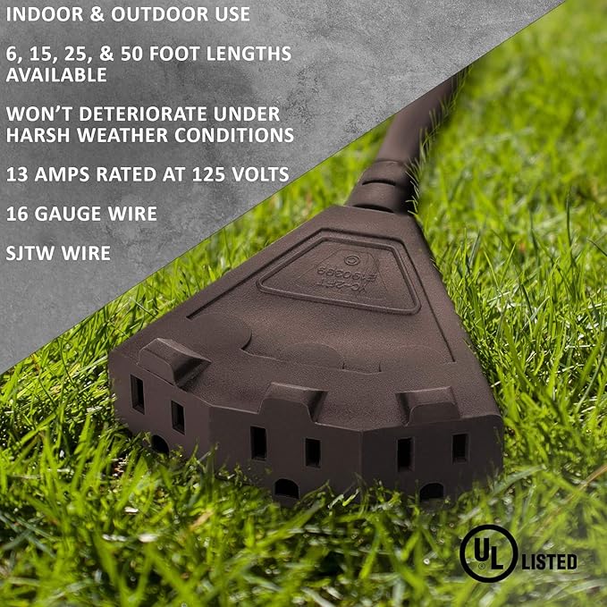 Holiday Lighting Outlet 6-Foot Brown Extension Cord, 3-Prong Indoor & Outdoor Splitter, Perfect for Landscape Lighting