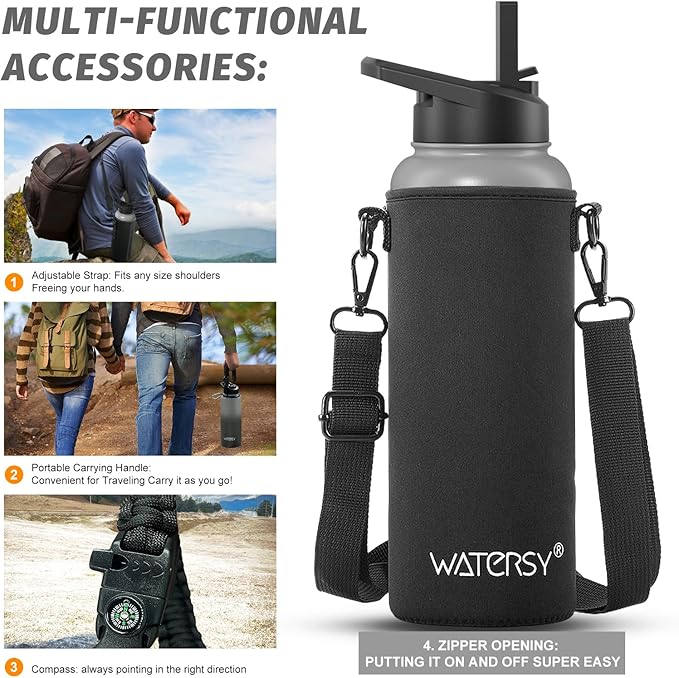 40oz Insulated Water Bottle (Cold for 48 Hrs),BPA Free&Leak Proof,Stainless Steel Water Flask,Water Jug with Straw Spout Lids for Gym,Hiking,Travel,Grey Black