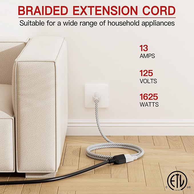 16/3 Braided Extension Cord 20 FT, Braided Extension Cord Flexible & Durable, Indoor 3 Prong Power Cable, Suitable for Home and Office, 13 Amp 1625 Watt 125VAC 16AWG, ETL Listed