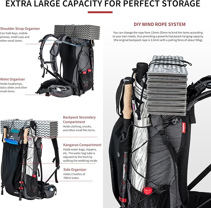 Naturehike 45L Rock Internal Frame Hiking Backpack for Outdoor Camping Travel Backpacking with Rain Cover Ultralight Backpack for Adults
