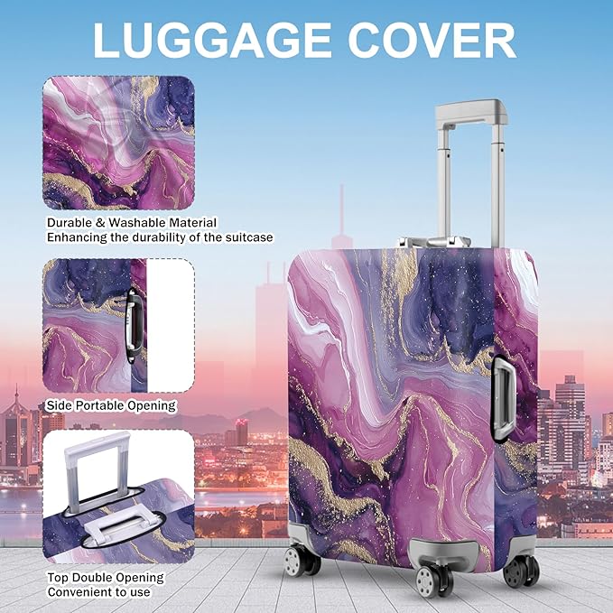 ANNA QUEEN Purple Marble Luggage Cover, Elegant Abstract Art Suitcase Protector, Stretchable Washable Travel Sleeve for 20-22 Inch Luggage
