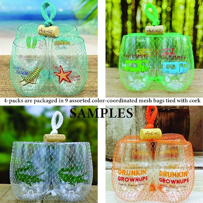 Set of 4 Shatterproof Designer 16 oz Plastic Wine Glasses MADE in the USA (TROPICAL)