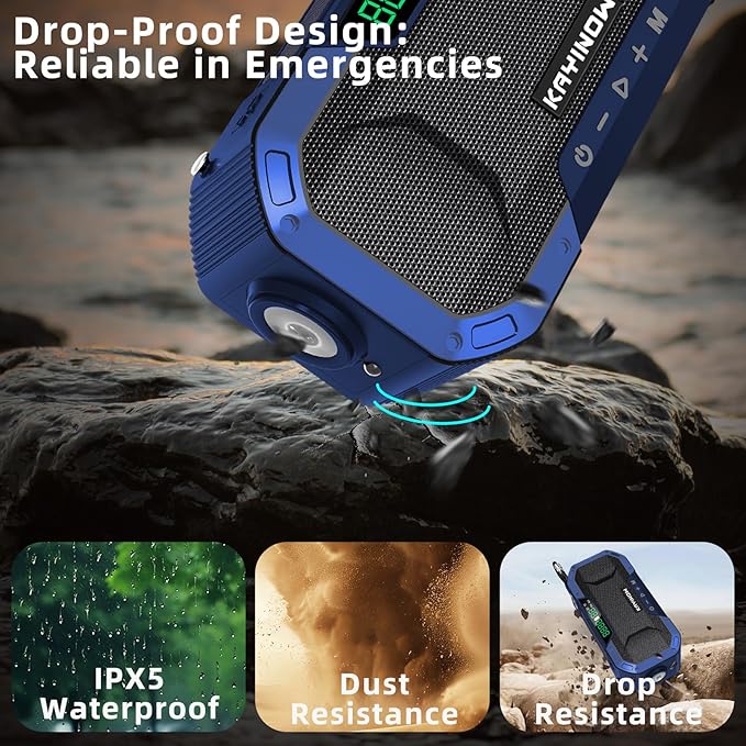 KAYINOW Emergency NOAA Weather Radio, Solar Hand Crank FM AM Radio with Bluetooth Speaker, 5000mAh/18500mWh Battery Powered, Flashlight, IPX5 Waterproof, SOS Alarm for Survival Hurricane Camping
