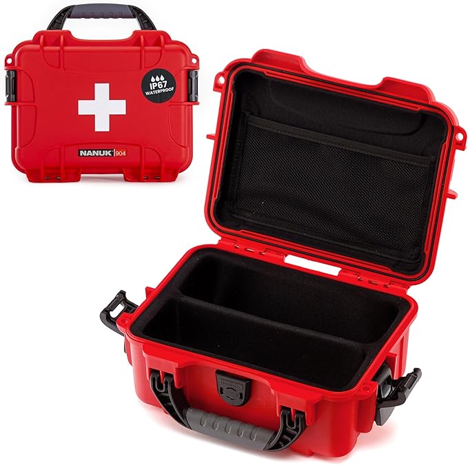 NANUK 904 Waterproof First Aid Box Empty with Lid Organizer & Dividers – Durable Medical First Aid Organizer Case, IP67-Rated, Dustproof, Impact-Resistant, Floats (10.2” x 7.9” x 4.5”) – Red