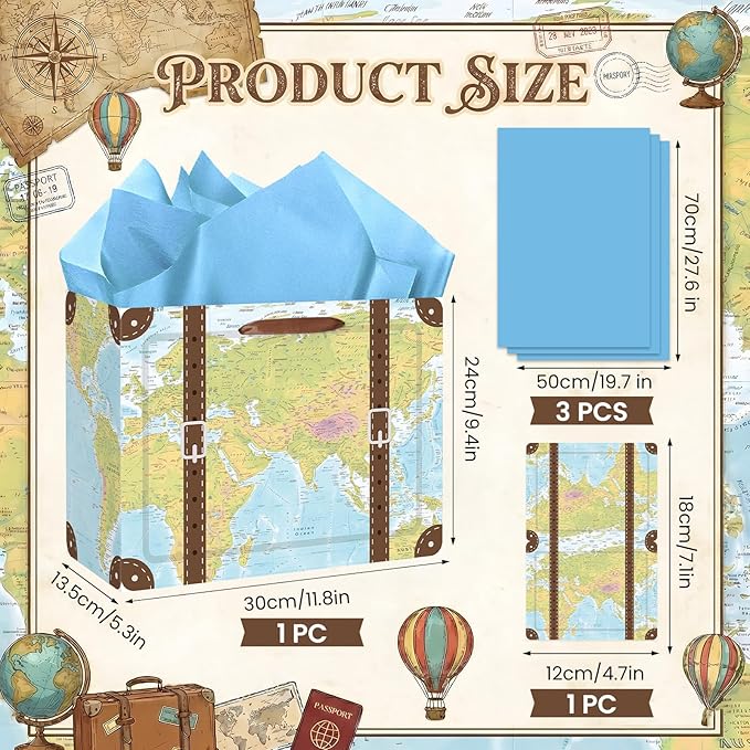 Vintage Suitcase Gift Bag Travel Birthday Wrapping Paper Bag with Card and Tissue Paper World Map Adventure Gift Wrap Bag for Birthday Retirement Graduation Wedding Bride Shower Farewell Party