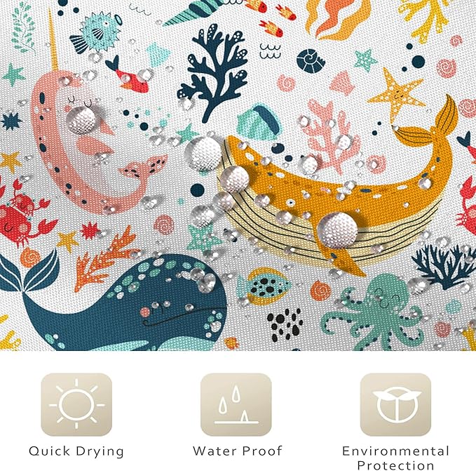 Kids Whale Shower Curtain, Funny Cute Ocean Fish Cartoon Sealife Under Sea Coral Starfish Bath Curtain Waterproof Fabric Machine Washable with Hooks, 72" Wx84 L