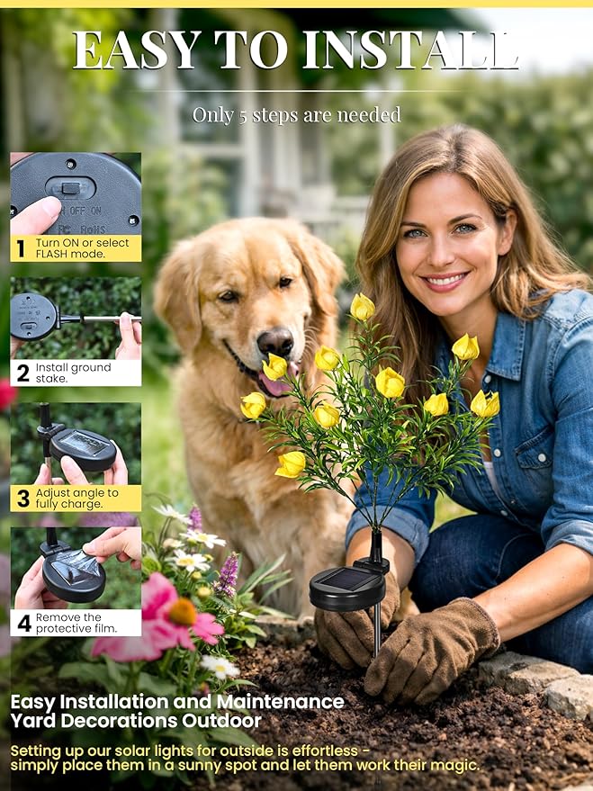 GIGALUMI Solar Garden Lights with Gardenias, 3 Pack LED Garden Decor Carefree Solar Flowers Outdoor Waterproof, Yard Decorations Outdoor, Allergy-Free Light up Flowers for Yard (1white+1yellow+1pink)