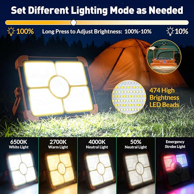 Solar Rechargeable Work Light, 474 LED 12000LM Portable Flood Lights, 12000mAh LED Work Light with 5 Modes, Waterproof Outdoor Job Lighting for Emergency Camping Repair, Solar & Type-C Charging