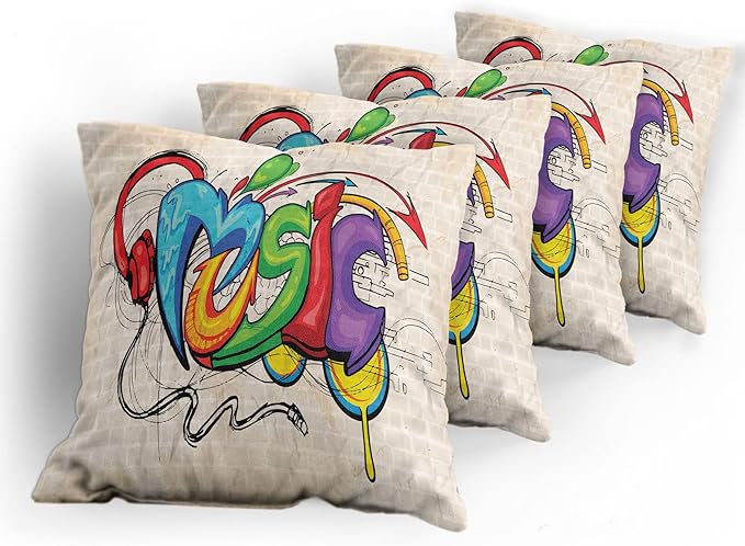 Ambesonne Music Throw Pillow Cushion Case Pack of 4, Illustration of Graffiti Style Lettering Headphones Hip Hop Theme on Beige Bricks, Modern Accent Double-Sided Digital Printing, 18", Tan Green