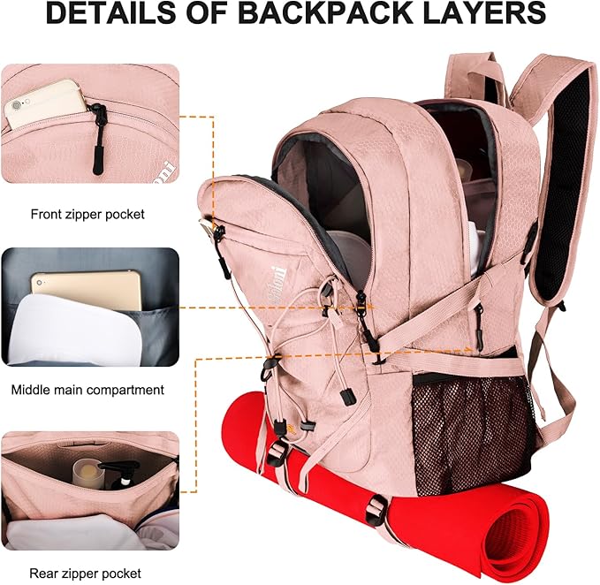Goloni 45L Hiking Backpack Lightweight Foldable, Waterproof Camping Backpack with Rain Cover & Hiking Pole Mat Carrying System, Ergonomic Water Resistant Daypack for Trekking Travel Men Women Pink