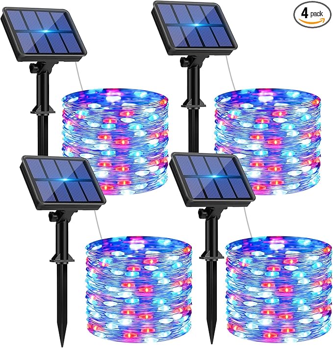 btfarm 4 Pack Red White and Blue Solar Fairy Lights, 4th of July Solar String Lights Outdoor Waterproof, 320LED 132FT Memorial Independence Day Patriotic Decorations for Outside Tree Garden Patio Yard