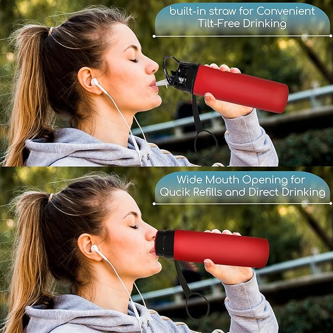 Collapsible Water Bottles 15oz, Odorless BPA-Free Silicone, Leak-Proof Foldable Reusable Bottle - Perfect for Cruise Travel Sports Gym Hiking Camping Cycling - Red