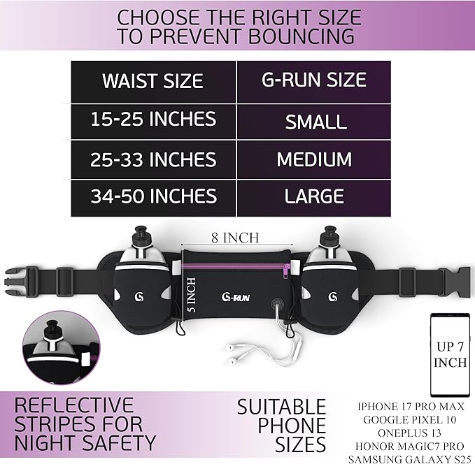 Q-RUN Hydration Running Belt with 2 x 10oz Water Bottles, No Bounce Adjustable Waist Belt for Men & Women, Marathon Running Gear