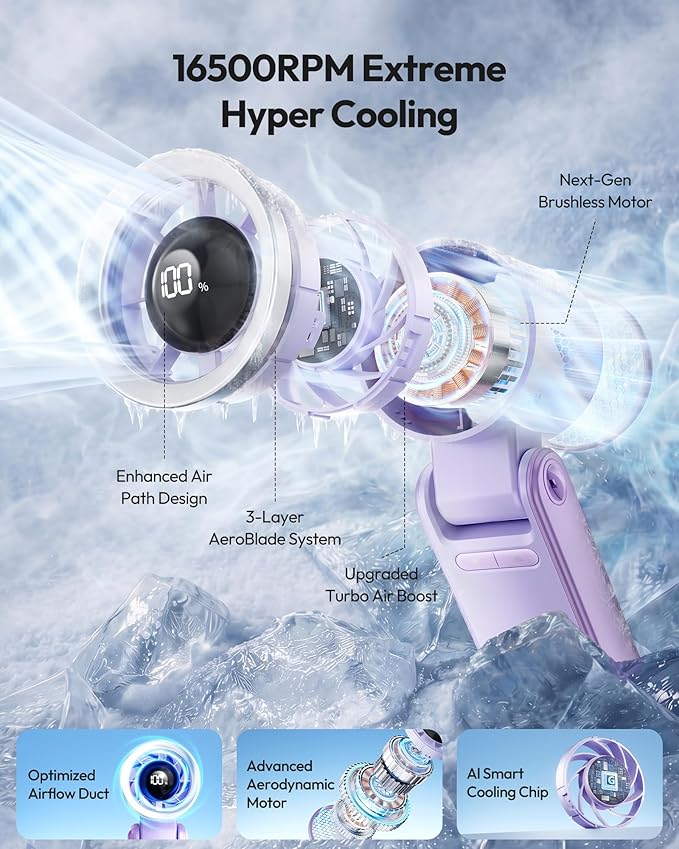 Gaiatop Portable Handheld Turbo Fan, 15 Hrs Cooling, 180° Foldable 4-in-1 Hand Held Fans, 6-Speed (1-100) Personal Mini Handheld Fans, Small Portable Fan for Travel Working Outdoor, Women Gifts Purple