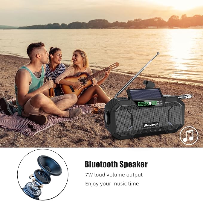Emergency Radio Waterproof Bluetooth Speaker,Portable AM FM Radio with Flashlight,Reading Lamp,Hand Crank NOAA Weather Radio with Solar Panel,5000mAh/18500mWh Cell Phone Charger,Emergency Survival Kit