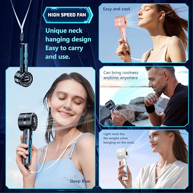 Portable High Speed Mini Handheld Fan, USB Rechargeable Neck Personal Mini Fan(7000 RPM high speed motor,Lasts 4-16 Hours) 4-speed powerful Wind Fans for Summer Outdoor Traveling,Gifts for Kids
