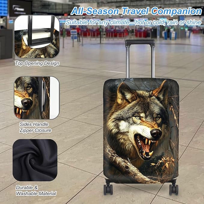 Luggage Cover Protector for 26-28 Inch Suitcases, TSA Approved Elastic Travel Suitcase Covers, Anti-Scratch Washable Luggage Sleeve for Carry On & Checked Bags, Fierce Wolf
