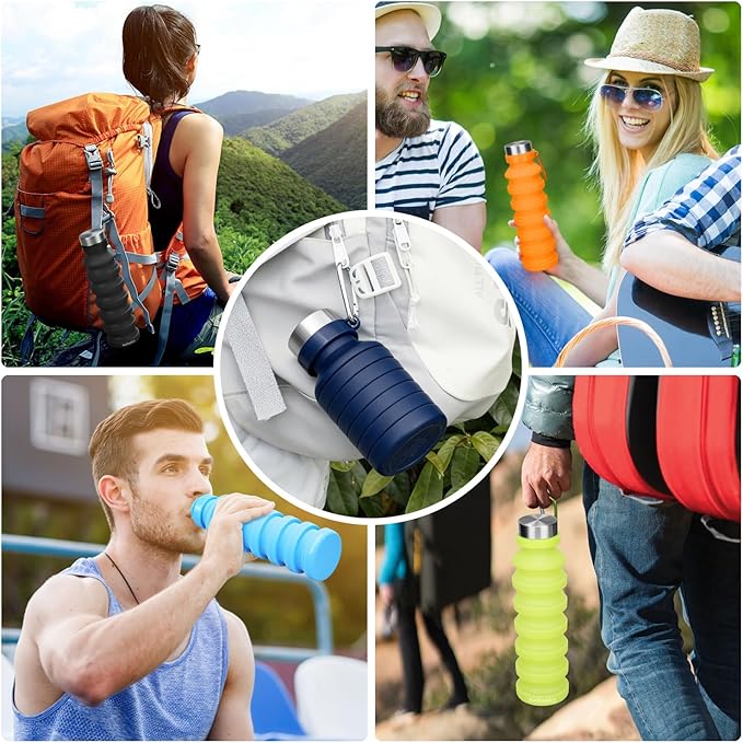 Nefeeko Collapsible Water Bottle, Reuseable BPA Free Silicone Foldable Water Bottles for Travel Gym Camping Hiking, Portable Leak Proof Sports Water Bottle with Carabiner