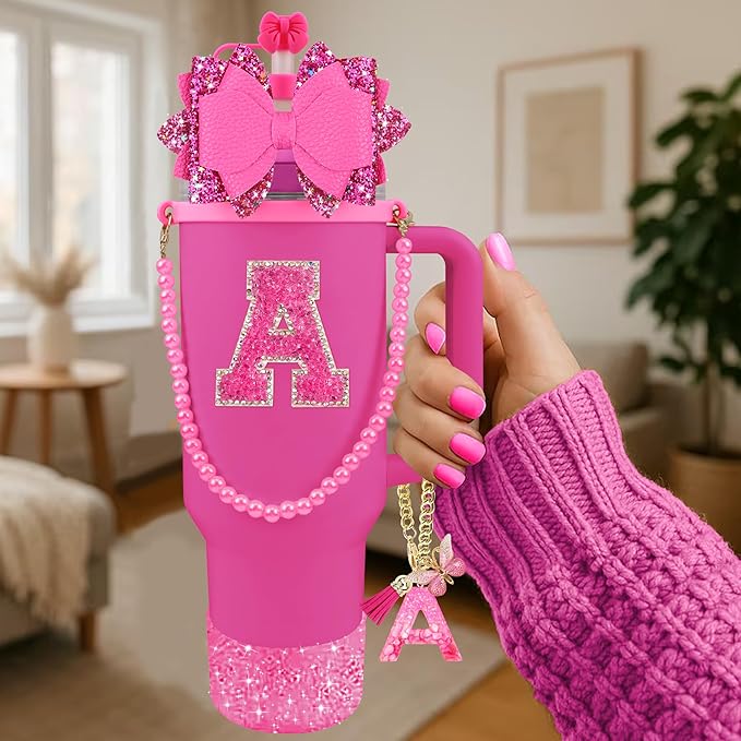 9PCS Hot Pink for Stanley Cup Accessories Set Bling Initials Bow Charms for Stanley Decorations 30/40 Oz Tumbler Accessories Including Bow Straw Topper, Handle Strap, Spill Stopper（Letter A）