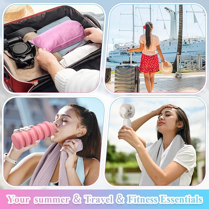 16 Set Theme Park Necessities Cruise Ship Accessory Kit Collapsible Water Bottle Cooling Towel Fan Drawstring Bag for Summer Amusement Park Outdoor Team Travel Cruise Gift Fitness Sport Favor