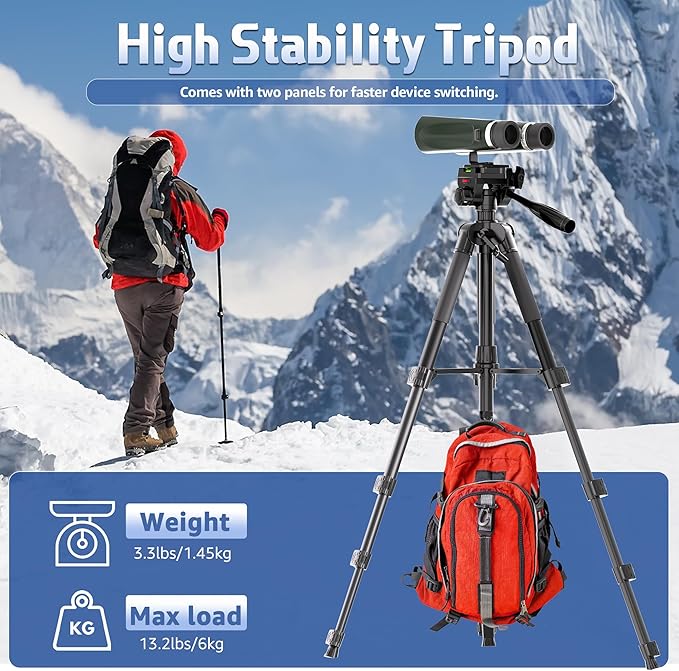 Binocular Tripod, 72” Spotting Scope Tripod Stand with Binocular Adapter and 2 QR Plates, Travel Camera Stand with Phone Holder/Carry Bag, Compatible with Binoculars/Spotting Scope/Camera/Phone