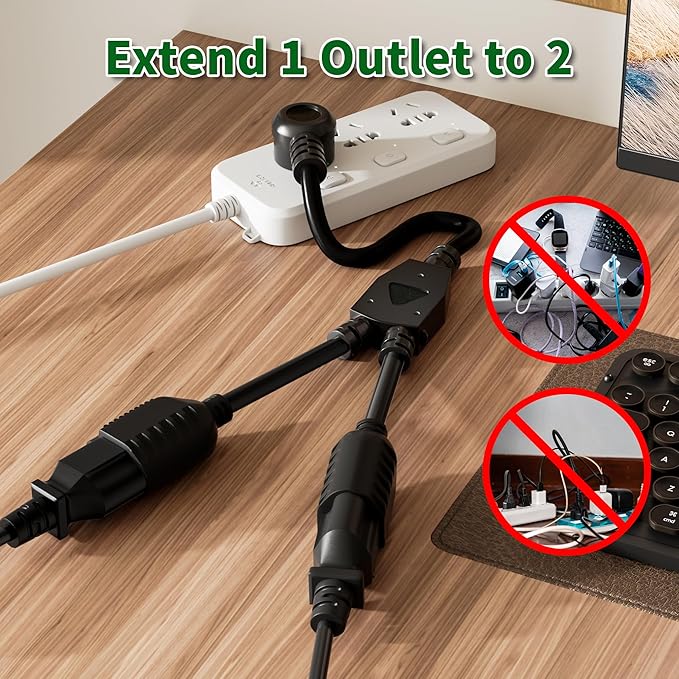 Elecan 3-Prong Y Splitter Power Extension Cord 2 Ft/2 Pack, 45-Degree Angled Flat Plug 1 to 2 Way Outlet Space Saver, Heavy Duty Weatherproof SJTW,16AWG 13A,5-15P Cable Extender for Indoor Outdoor-ETL