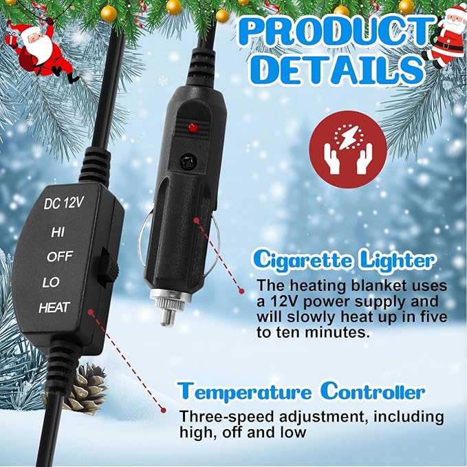 Riakrum 12V Car Heated Blanket for Cold with 2 or 3 Heating Levels 58 x 43 Emergency Winter Adjustable Temperature Electric Blanket Throw Gift Plugs in Car RV Truck SUV(Fresh Color,Christmas Tree)