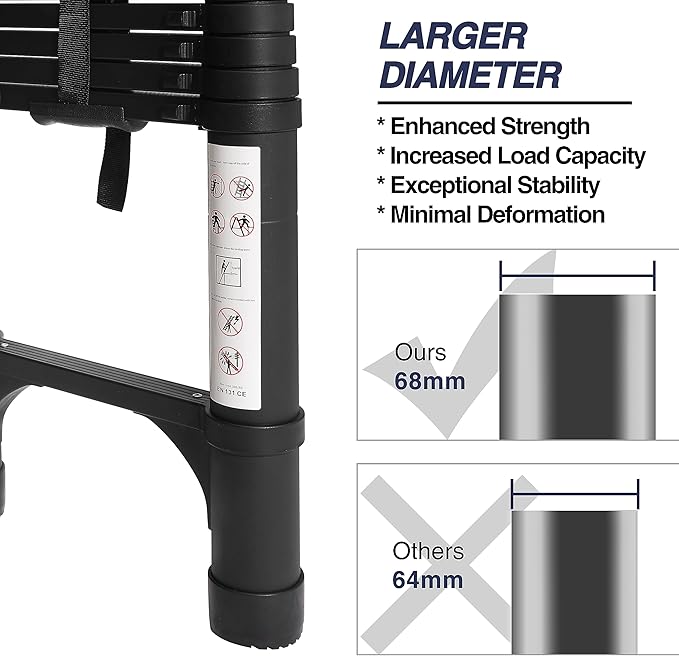 BOCOM 10.5 FT Aluminum Telescoping Ladder, Lightweight Multi-Purpose Collapsible Extension with 2 Triangle Stabilizers, Heavy Duty 330 lbs Max Capacity, Ideal for Home, RV, and Outdoor Work Black