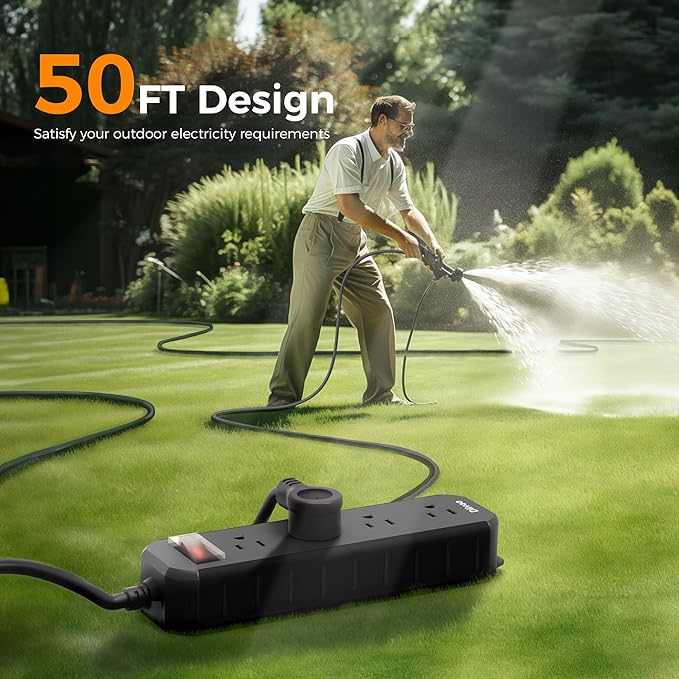 Outdoor Power Strip Weatherproof, 50 FT Extension Cord, Diivoo Waterproof Surge Protector with 4 Outlets, 1250W Shockproof Overload Protection, Flat Plug, Wall Mountable, Black
