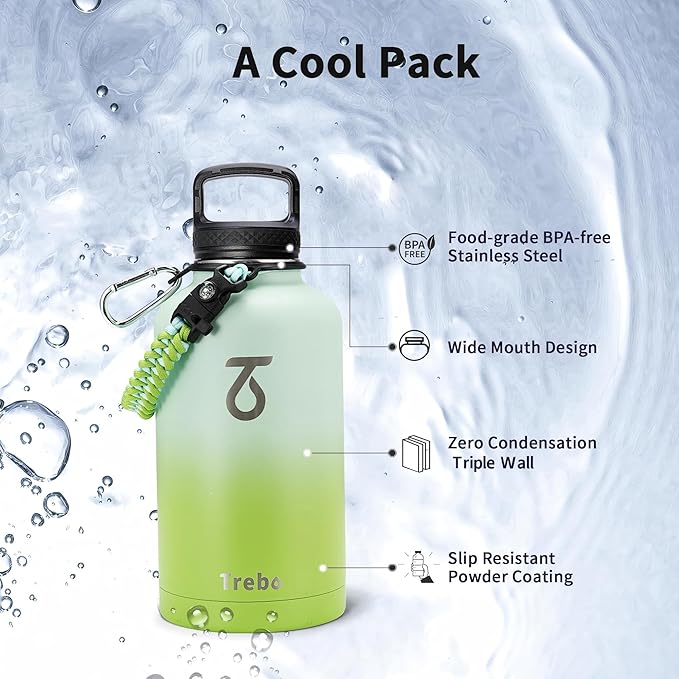 Trebo 64 oz Water Bottle Insulated with Paracord Handle and Straw, Half Gallon Vacuum Stainless Steel Large Water Jug Keep Cold 48 Hours, Reusable Water Flask with 3 Lids for Men Women Gym, Dark Green