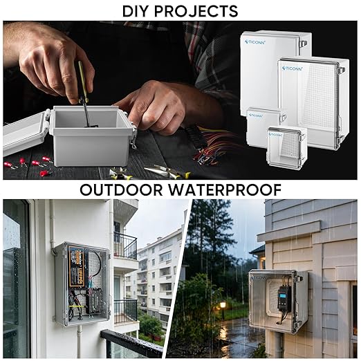 TICONN Outdoor Electrical Box Waterproof, Junction Box IP67 ABS Plastic Enclosure with Hinged Cover with Mounting Plate, Wall Brackets, Cable Glands (Clear, 10.2"x4.3"x3.0")
